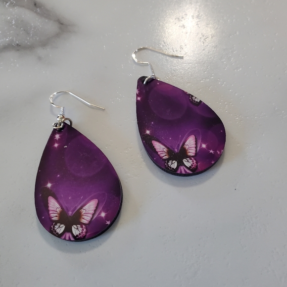 Purple Butterfly Teardrop Earrings - Picture 3 of 5